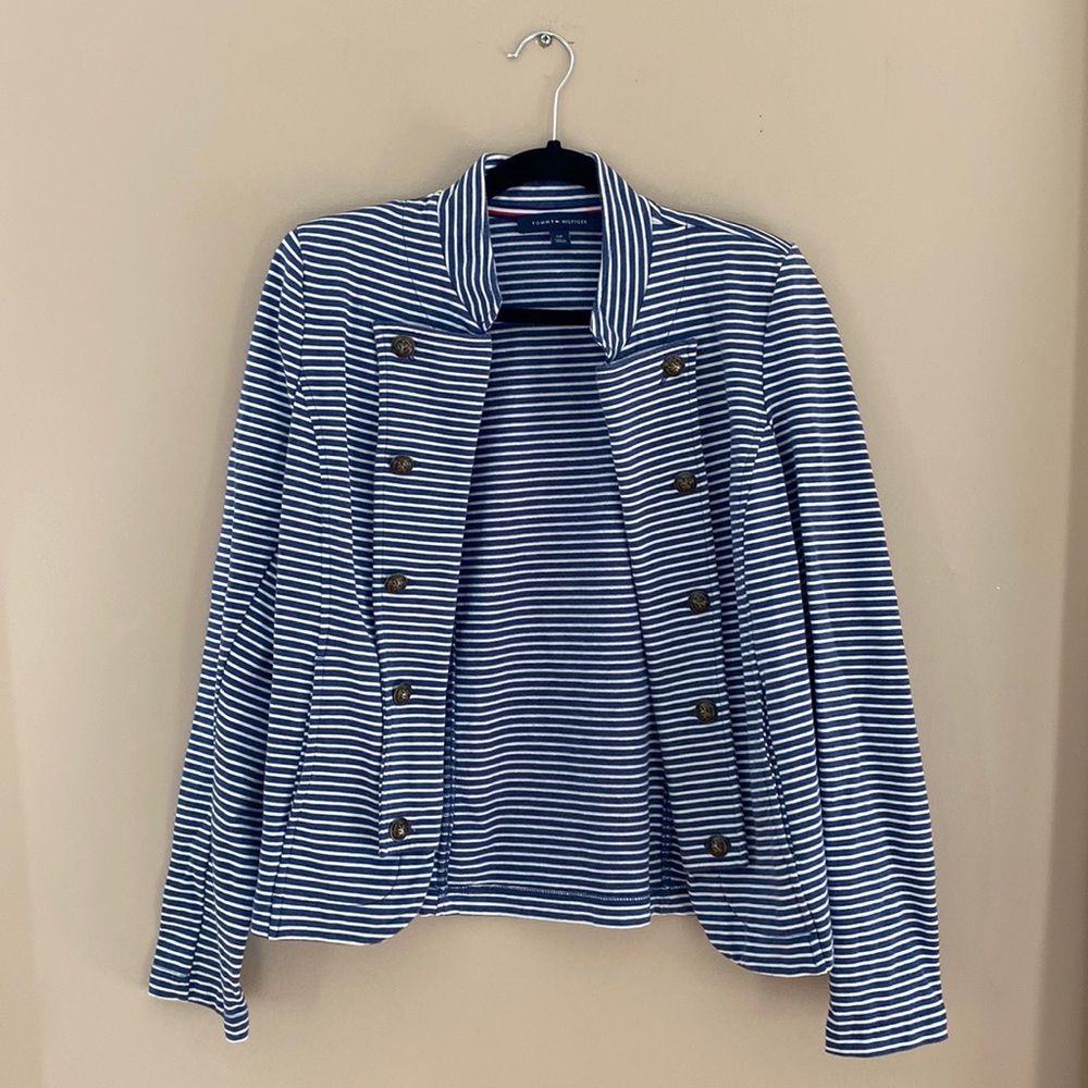 Tommy Hilfiger size small, blue and white striped knit blazer.